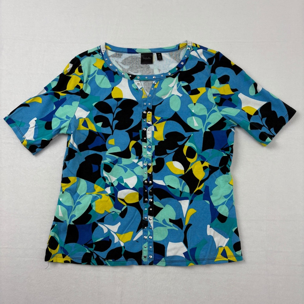 Rafaella Womens Short Sleeve Studded Cotton Blouse Blue Abstract Floral Size L